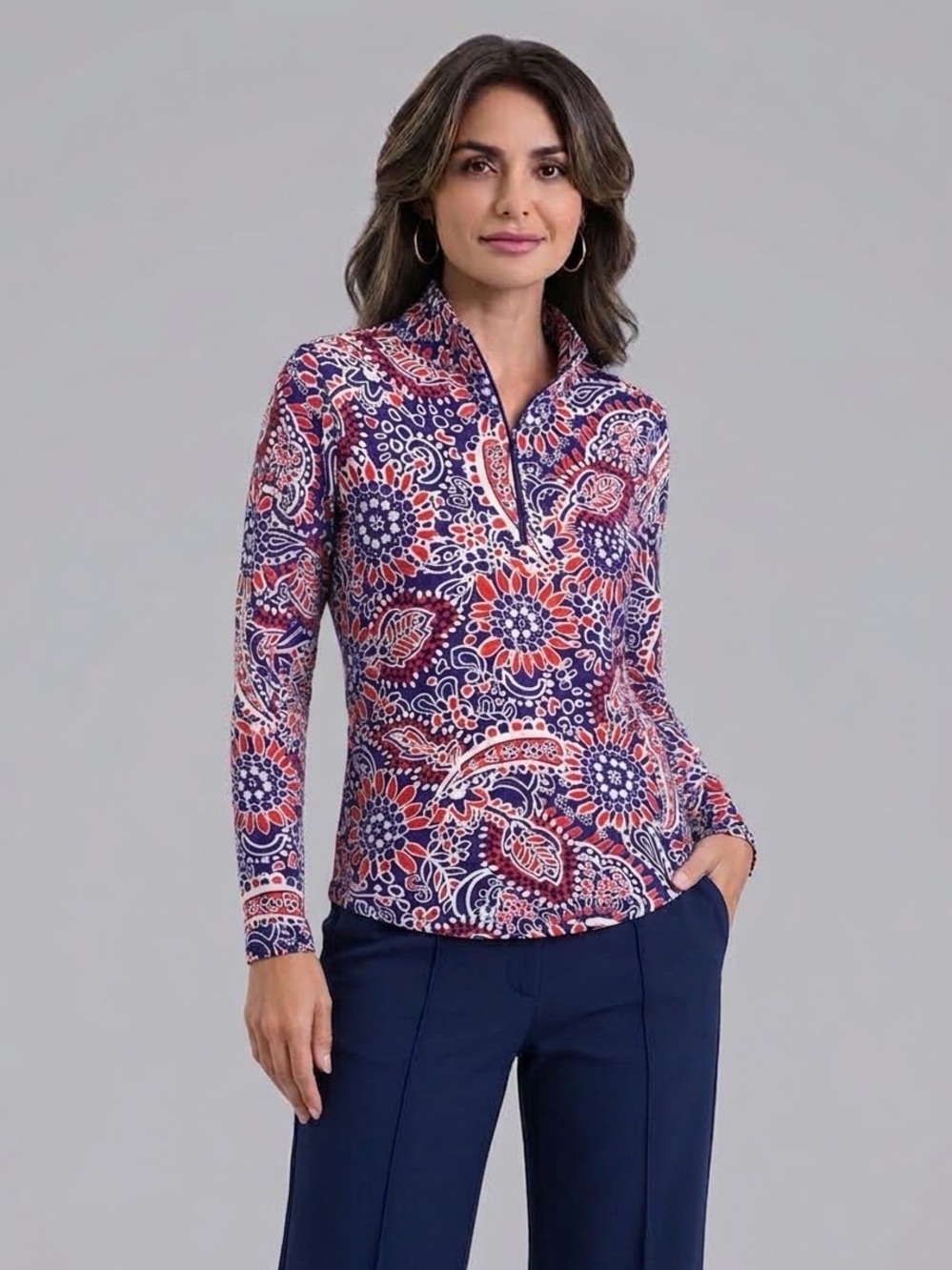 Ibkul Womens Golf Top Small Long Sleeve 1/4 Zip Mock Neck UPF 50+ Paisley Print